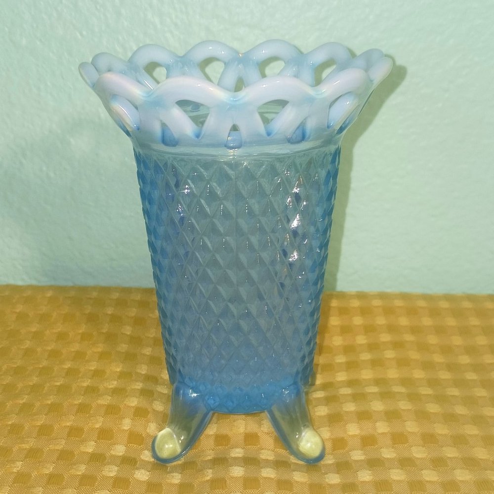 Vintage Imperial Glass Katy Blue Opalescent Vase with Lace Top